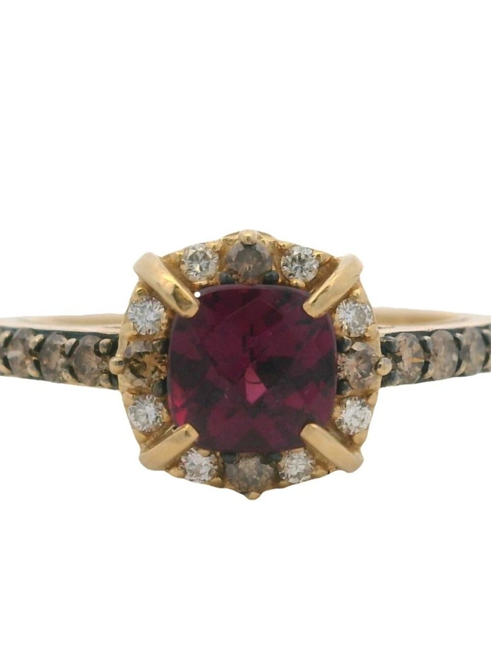 LeVian 14kt Yellow Gold Rhodolite Garnet Brown White Diamond Halo Cocktail Ring